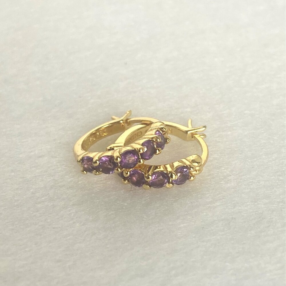 Gold Vermeil Sterling Silver 925 DBJ Round Amethyst Small Huggie Hoop Earrings - Picture 15 of 16